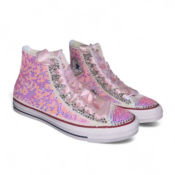Luminous Pink & Crystal High Top Converse Sizes 5-14 New In Box With Ribbons - Picture 4 of 14